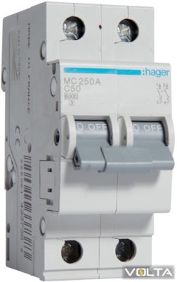 Автоматичний вимикач In=50 А, 2п, С, 6 kA, 2м Hager