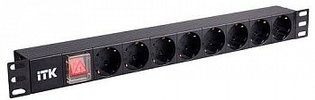 ITK PDU 8 розеток нем.станд. с LED выкл., 1U, без шнура, вход C14, ПВХ, черный